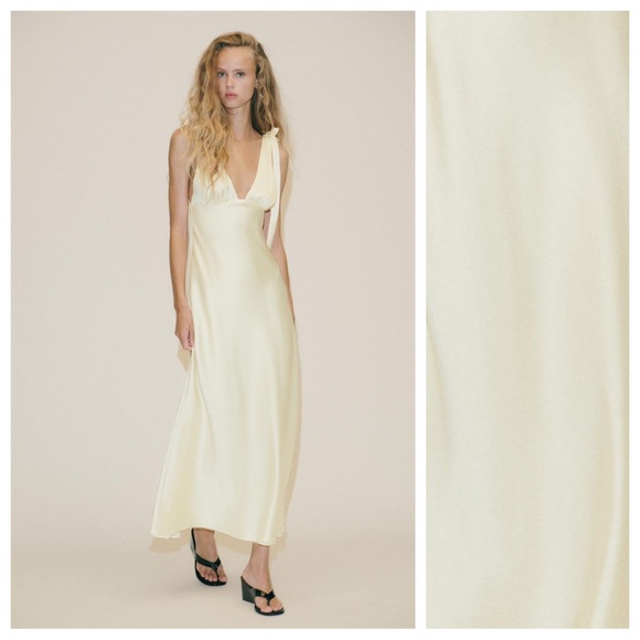 Zara Dresses & Skirts - NWT Zara Light Yellow  Satin Effect Midi Dress with Bows. Size S.
